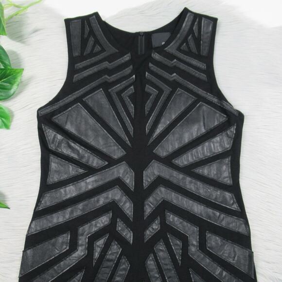 GREYLIN Ollie Black Faux Leather Geometric Patch Sheath Dress Size Large - Picture 2 of 11